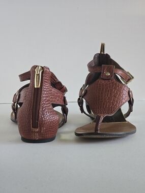 Vince Camuto | Averie Warm Brown Croc-Embossed Sandals with Gold Accents